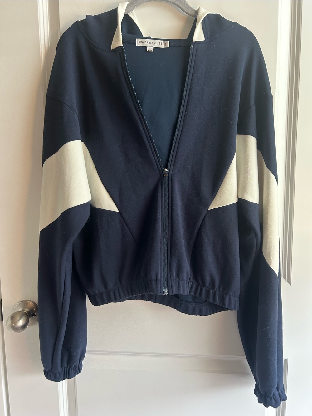 Sincerely Jules Navy and Cream Zip-Up Hooded Bomber Jacket